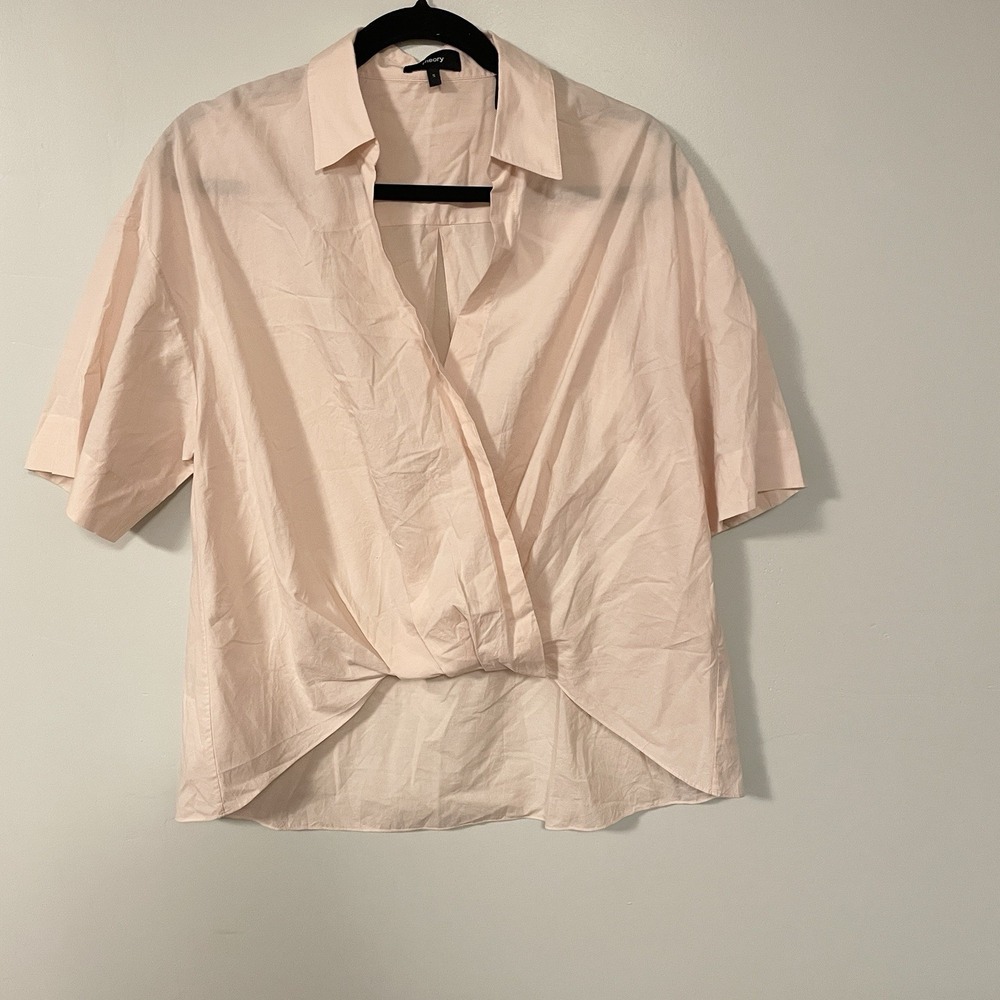 Theory Twist Short Sleeve Shirt‎ S Pink Cotton Clean Career Minimalist Office
